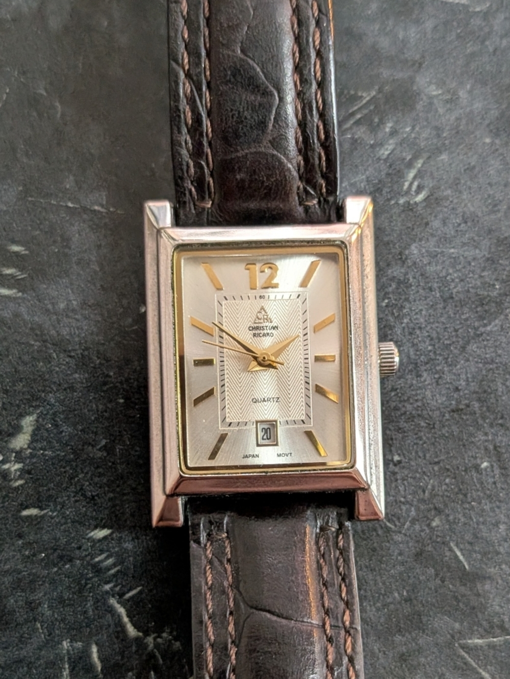 Men's Rectangular Silver Case Watch with Brown Leather Strap Tank